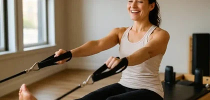 Mulher praticando pilates com expressão de felicidade e bem-estar em ambiente iluminado