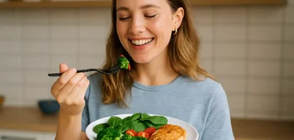 Mulher sorridente segurando um prato de comida low carb com vegetais e proteína, em uma cozinha iluminada e moderna, imagem em formato paisagem