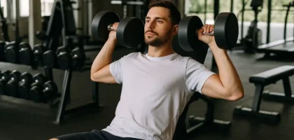 Homem realizando exercício de ombro com halteres na academia — treino essencial para iniciantes que não sabem o que fazer na academia.