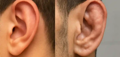 Comparação realista entre uma orelha normal e uma orelha de jiu jitsu causada por treinos intensos de Jiu-Jitsu, destacando as deformações típicas em praticantes de artes marciais.